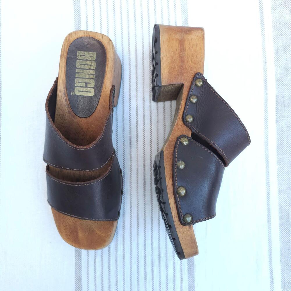 Y2K VTG Bongo Shoes Womens 9 Brown Chunky Sandal Leather Studded Wood Block Heel